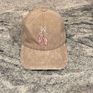 New Custom Designed Tan Distressed Baseball Cap w Embroidered Ballet Slippers